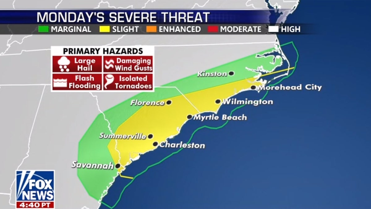 The severe weather threat shifts to the coast by Monday.