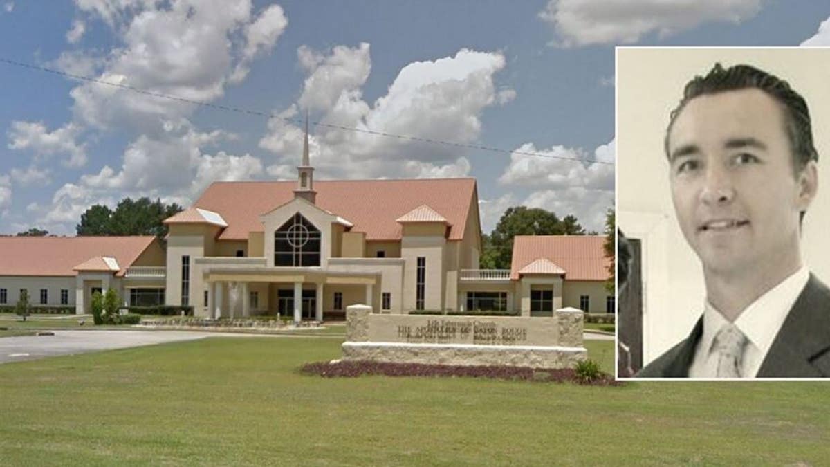 Tony Spell, inset, pastor of Life Tabernacle Church in Baton Rouge, was arrested for reportedly backing a curch bus toward a protester. Spell has held large church services despite an order prohibiting such gatherings. (Google Maps/Facebook)
