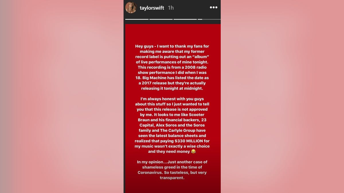 Taylor Swift slammed Big Machine Records for its alleged plans to release an album of her live performances.