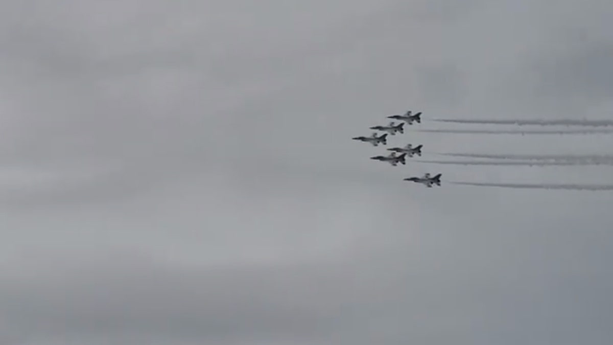 The Thunderbirds fly over the Denver area on Saturday to show support for first responders on the front lines of the coronavirus pandemic in Colorado.