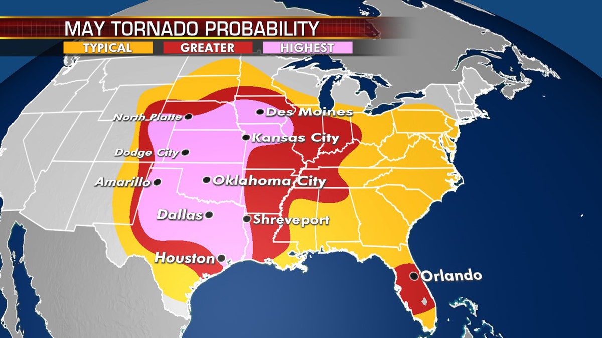 The most active areas for tornadoes in May are in the Plains.