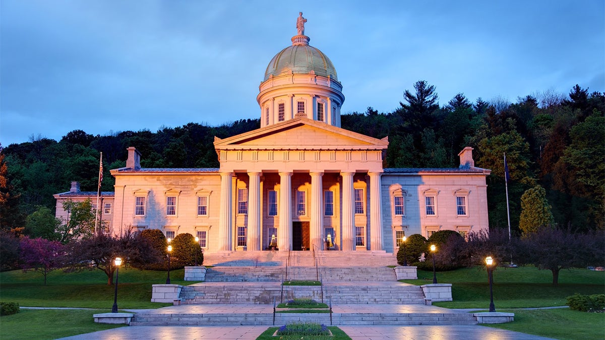 The Vermont State House, located in Montpelier, Vermont at dusk.