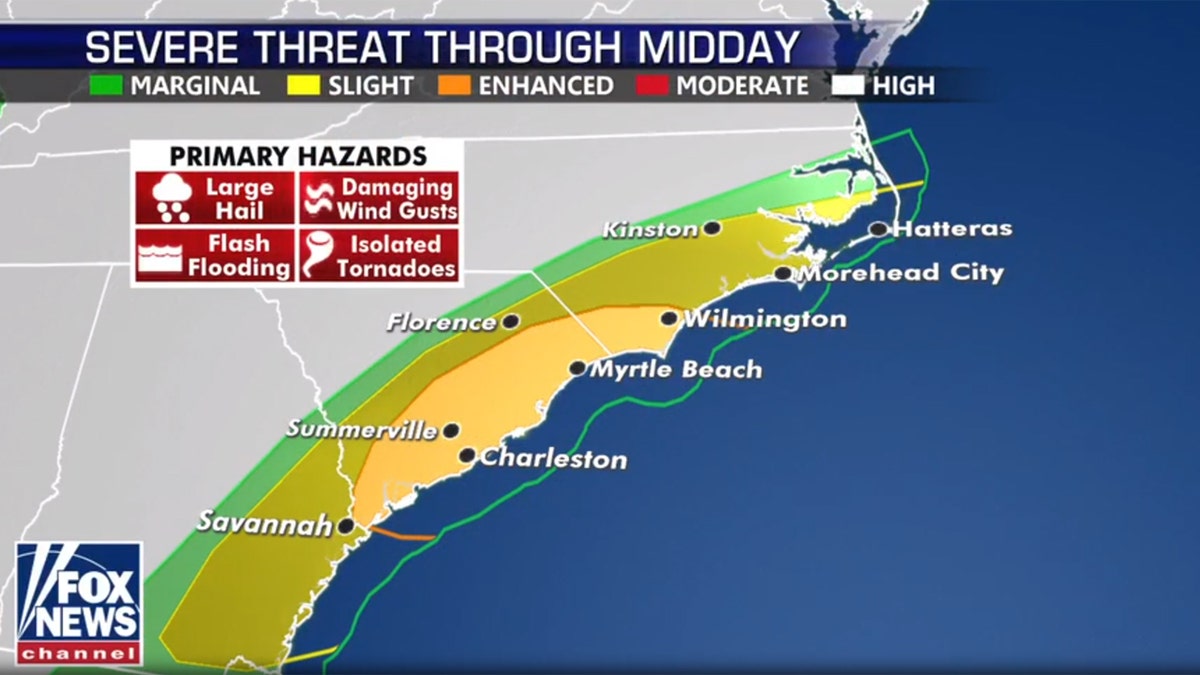 The threat of severe weather shifted to coastal areas on Monday.