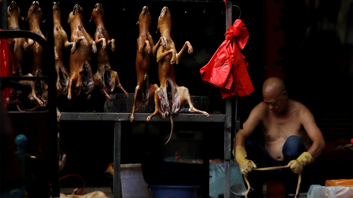 FILE PHOTO: Butchered dogs displayed for sale at a stall inside a meat market during the local dog meat festival, in Yulin, Guangxi Zhuang Autonomous Region, China June 21, 2018. REUTERS/Tyrone Siu/File Photo - RC201G99IID2