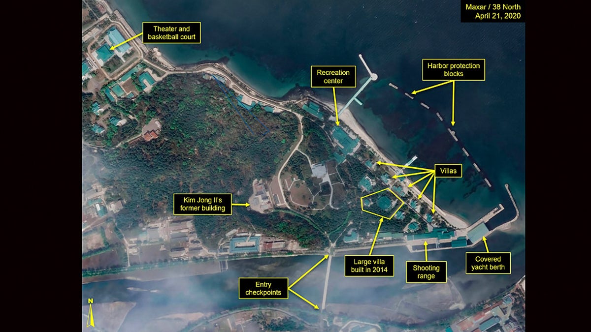 This April 21 satellite image provided by Maxar Technologies and annotated by 38 North, a website specializing in North Korea studies, shows an overview of Wonsan complex in Wonsan, North Korea.