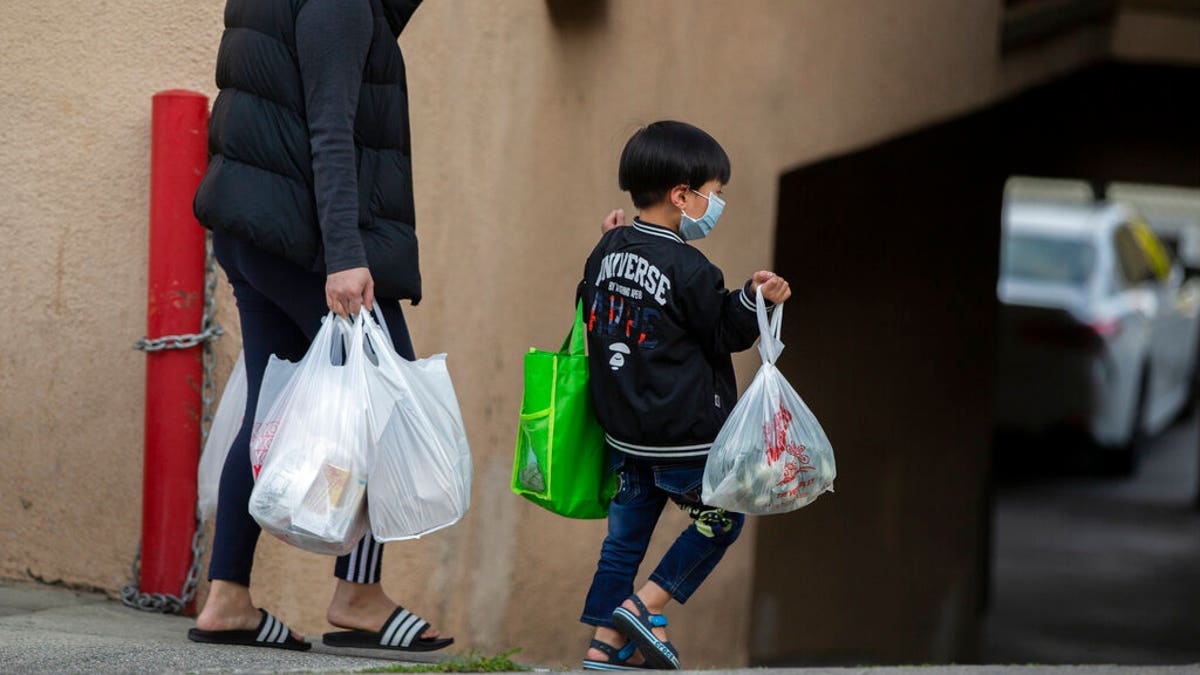 An adult and a child, both wearing face masks amid the coronavirus outbreak, carry bags in the Chinatown neighborhood of Los Angeles, Calif., on April 2, 2020. (AP Photo/Damian Dovarganes, File)
