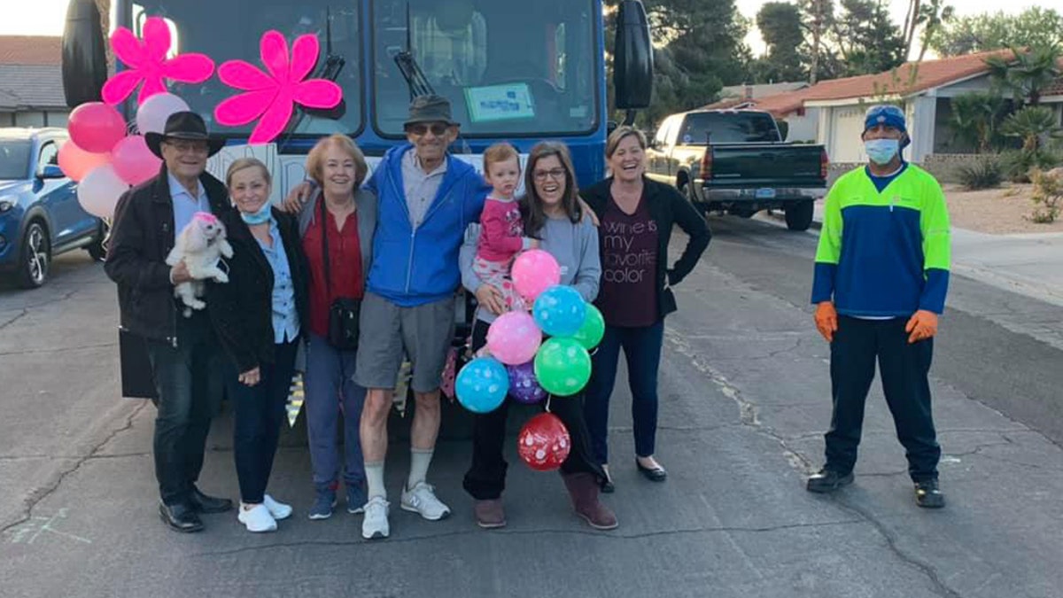 With a little help from a friend, the fleet of waste management trucks cruised by the family’s home in Henderson, Nev. to wish Lena a very happy birthday.