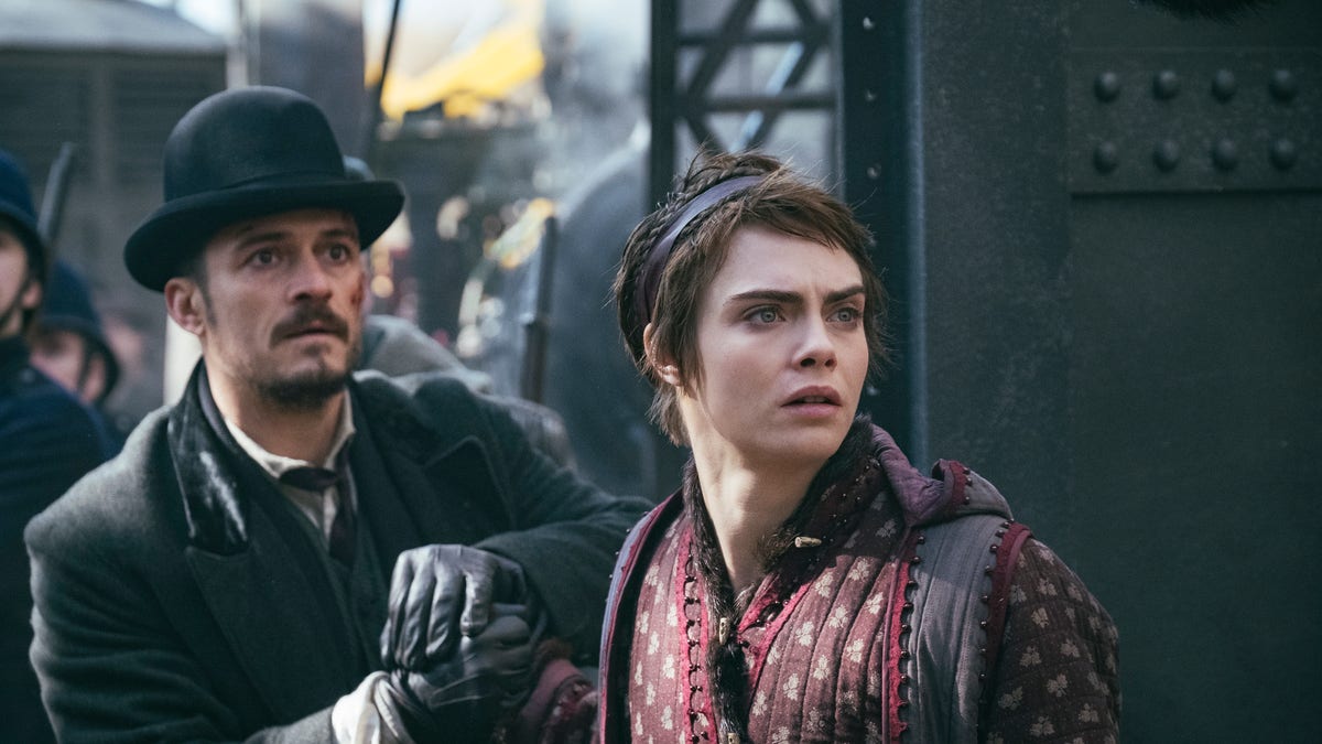 Orlando Bloom as Rycroft Philostrate, Cara Delevingne as Vignette Stonemoss. 