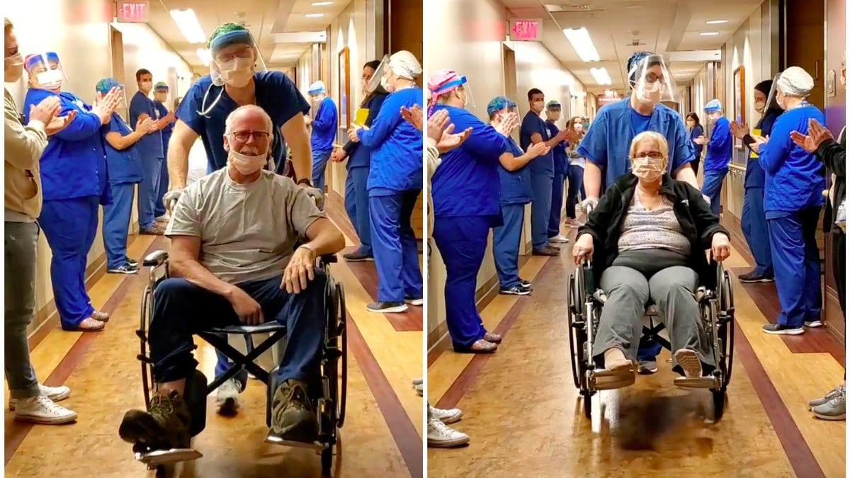 This is the heartwarming moment Jeff and Cheryl Poole left the hospital on the same day after recovering from COVID-19 as doctors and nurses cheered.
