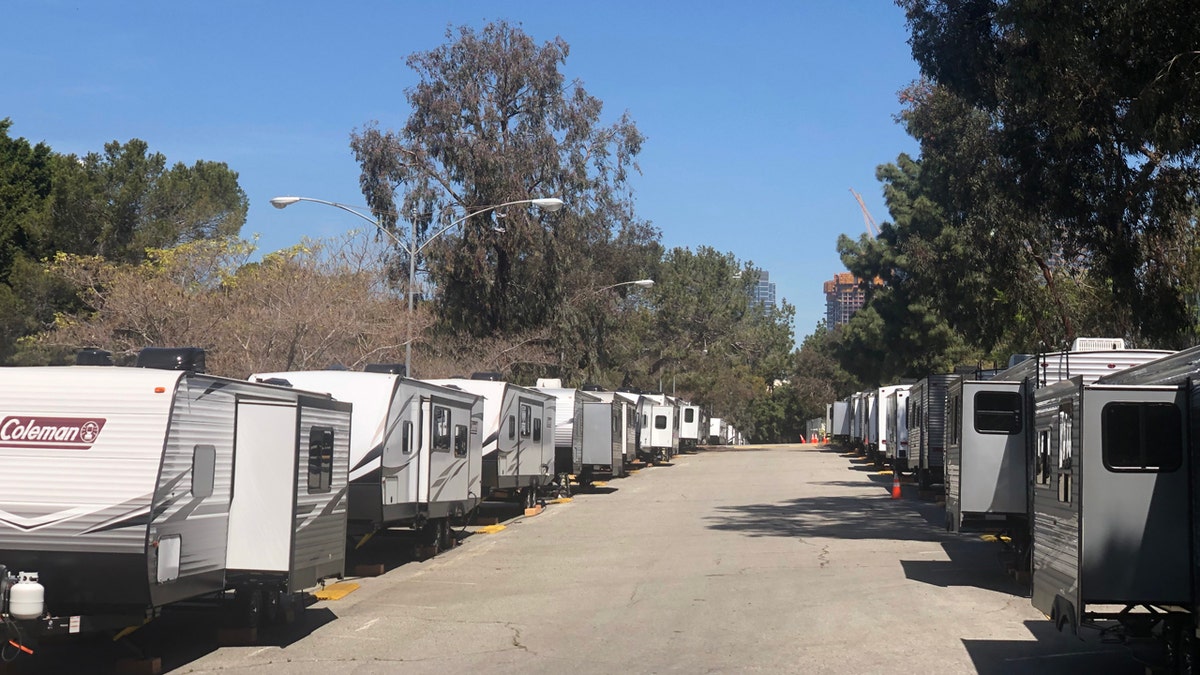 Trailers at the Cheviot Hills Recreation Center in Los Angeles will be used to house any homeless people who become sick with COVID-19. (Andrew O'Reilly/Fox News)