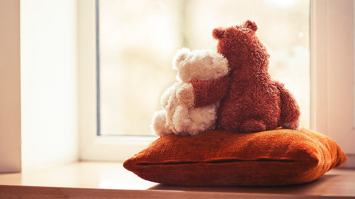 Two embracing teddy bears looking through the window sitting on window-sill.