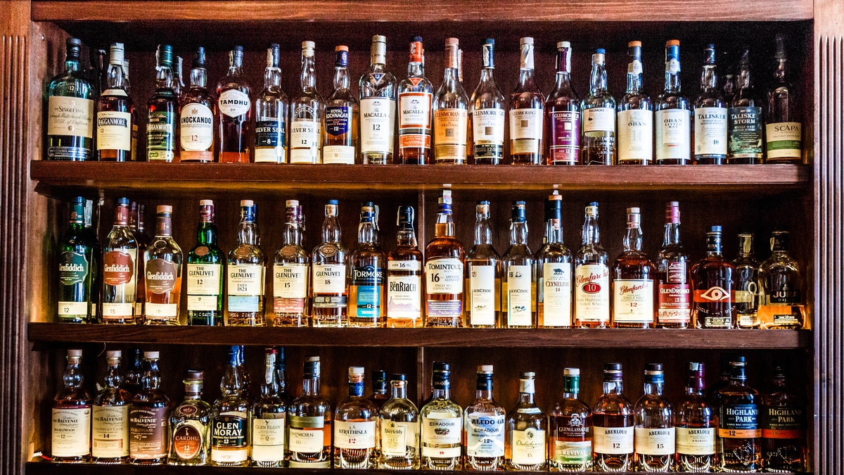Large selection of Scottish malt whisky at the bar