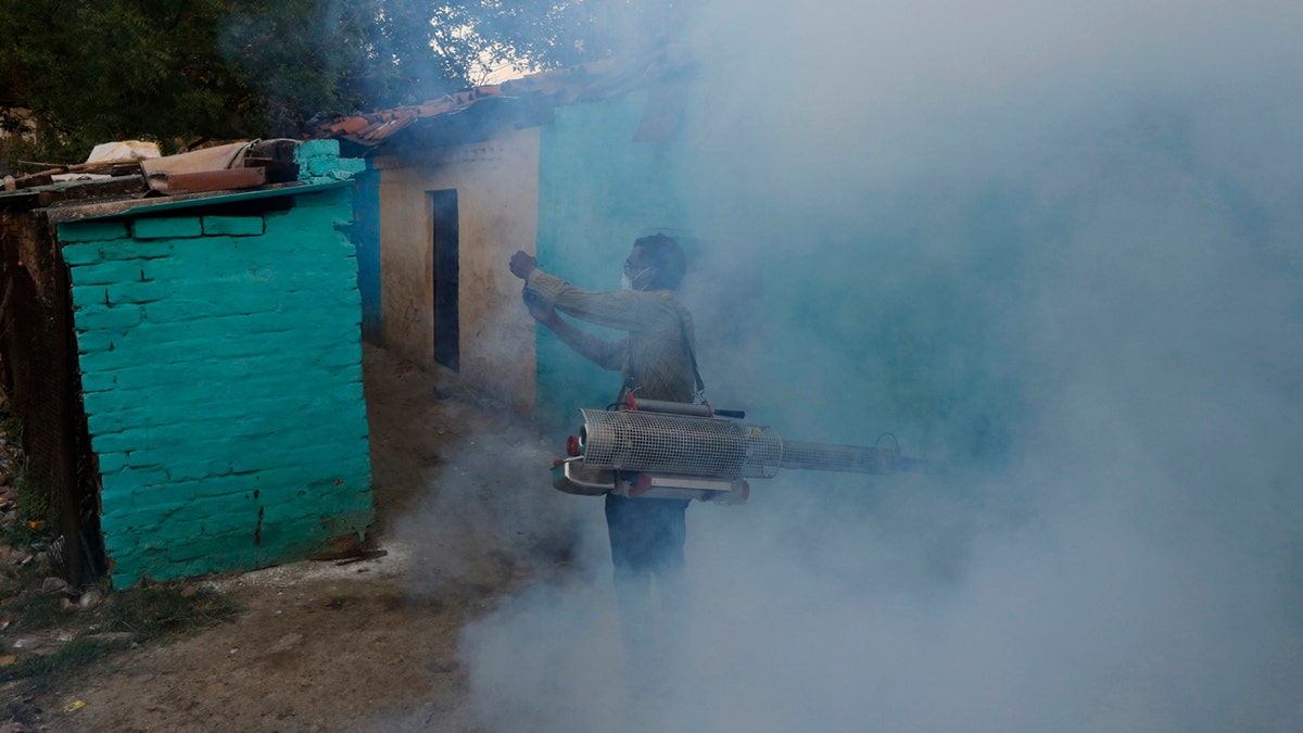 A municipal worker fumigates a residential area during a lockdown to prevent the spread of new coronavirus in Prayagraj, India, Saturday, April 4, 2020.