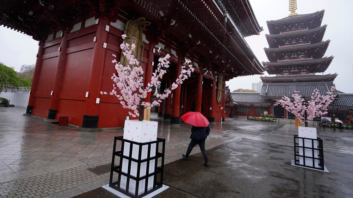 A woman walks in the empty Asakusa district Monday, April 13, 2020, in Tokyo.
