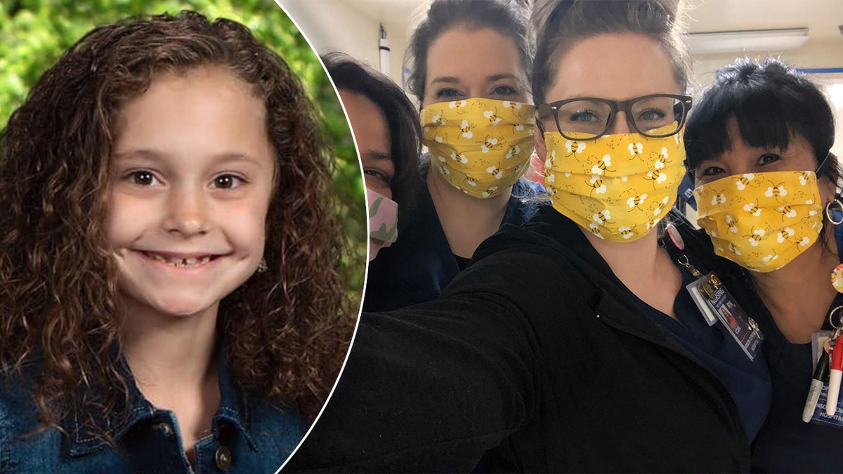 Lexi Collins, 10, and nurses at Anson General Hospital showing off coronavirus masks she hand-sewed. (McCauley-Smith Funeral Home/Anson General Hospital)