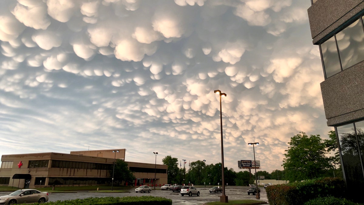 Mammatus clouds can be seen in the skies over Tulsa, Okla. after severe thunderstorms on Tuesday.