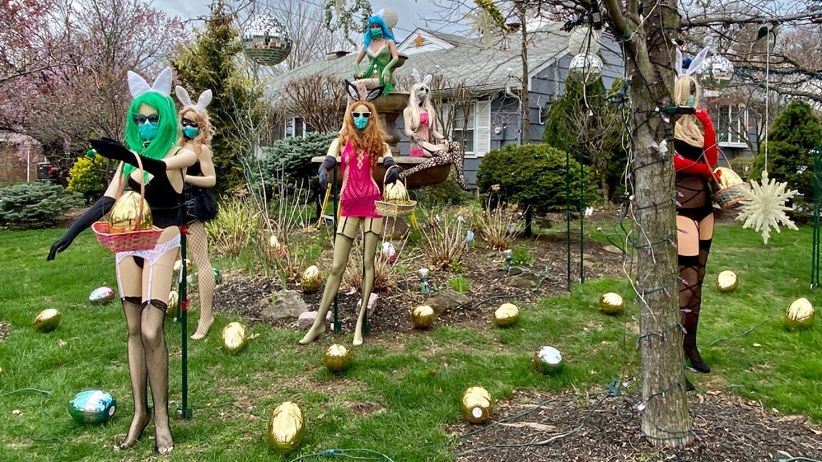 Dr. Wayne Gangi's 2020 display of risqué Easter decor at his office in Clifton, N.J.