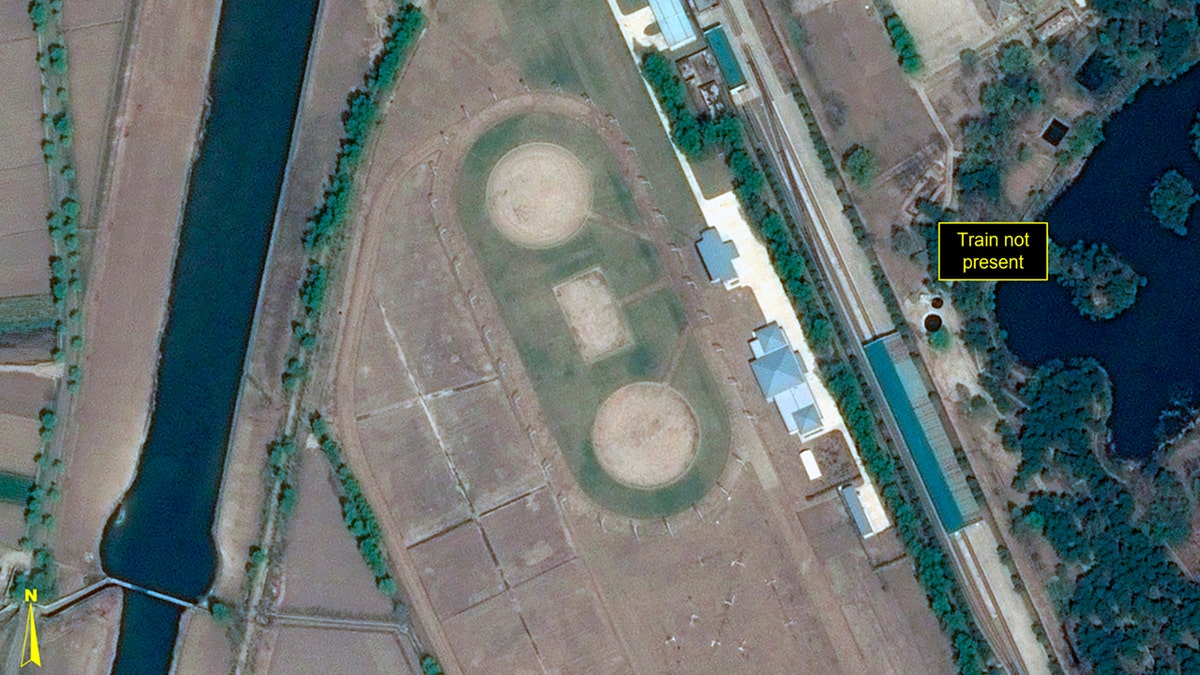 This Wednesday, April 15, 2020, satellite image provided by Airbus Defence &amp; Space and annotated by 38 North, a website specializing in North Korea studies, shows Leadership Railway Station in Wonsan, North Korea.