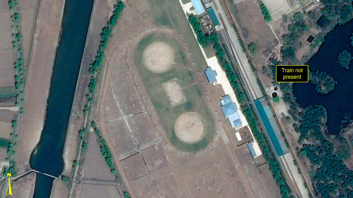 This Wednesday, April 15, 2020, satellite image provided by Airbus Defence & Space and annotated by 38 North, a website specializing in North Korea studies, shows Leadership Railway Station in Wonsan, North Korea.
