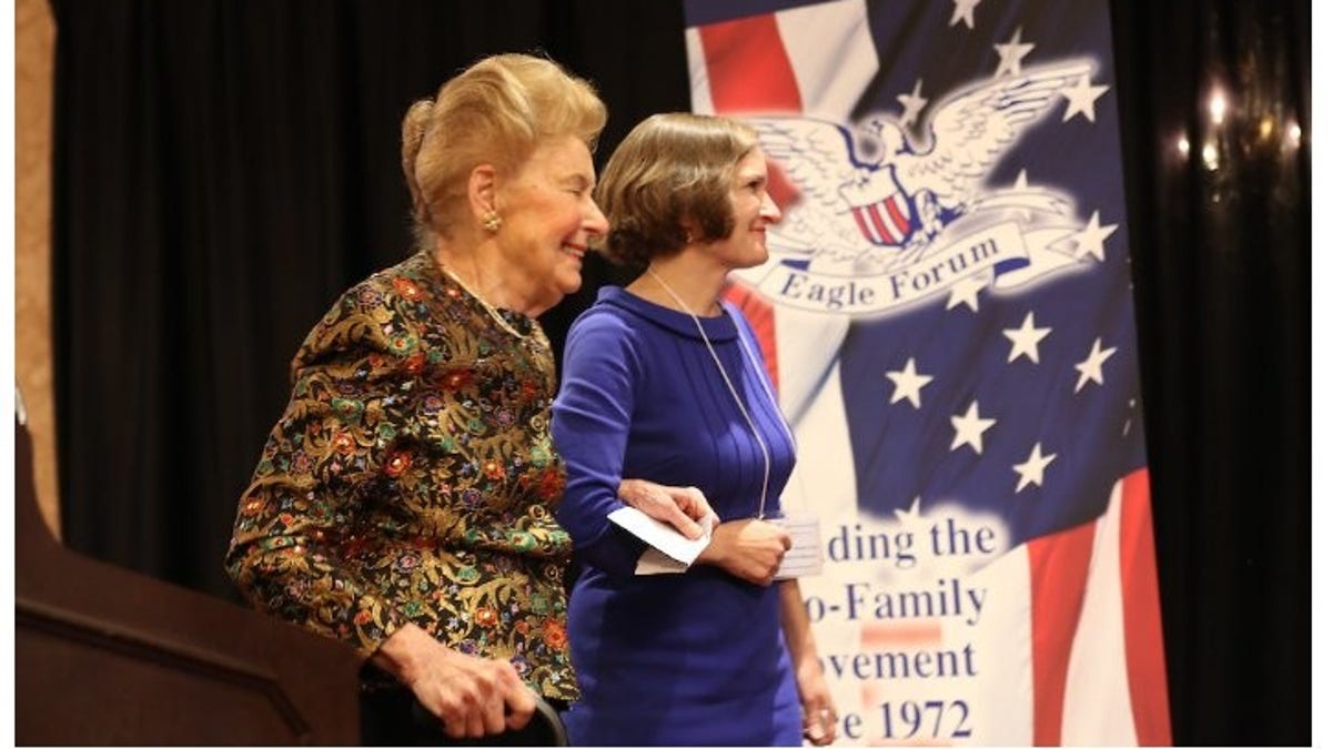 Phyllis Schlafly with her daughter Anne at Eagle Forum's Eagle Council in 2014.