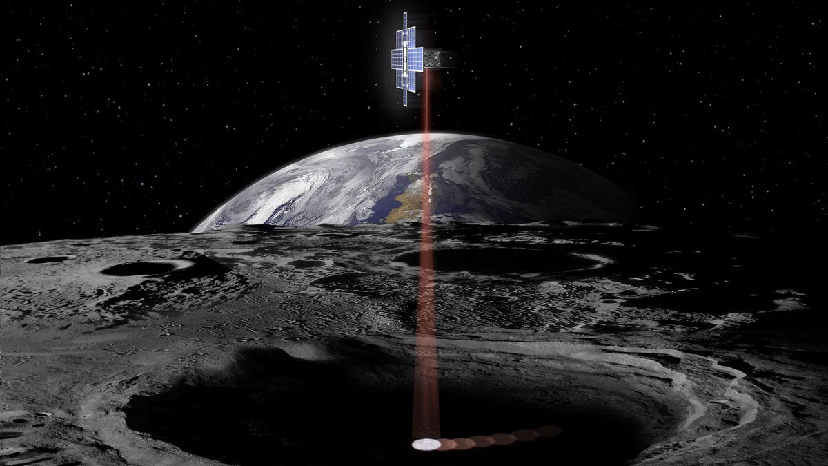 This artist's concept shows the Lunar Flashlight spacecraft, a six-unit CubeSat designed to search for ice on the moon's surface using special lasers. The spacecraft will use its near-infrared lasers to shine light into shaded polar regions on the moon, while an onboard reflectometer will measure surface reflection and composition. Credits: NASA/JPL-Caltech