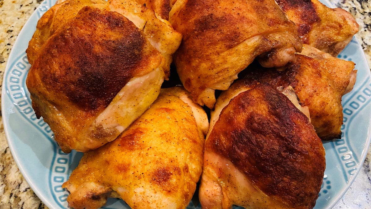 Amy Alarcon's recipe for Popeyes-style roasted chicken thighs.