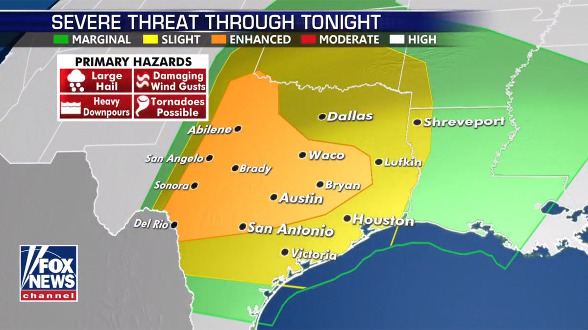 The threat of severe thunderstorms, including tornadoes, includes much of west Texas into parts of Oklahoma on Saturday.