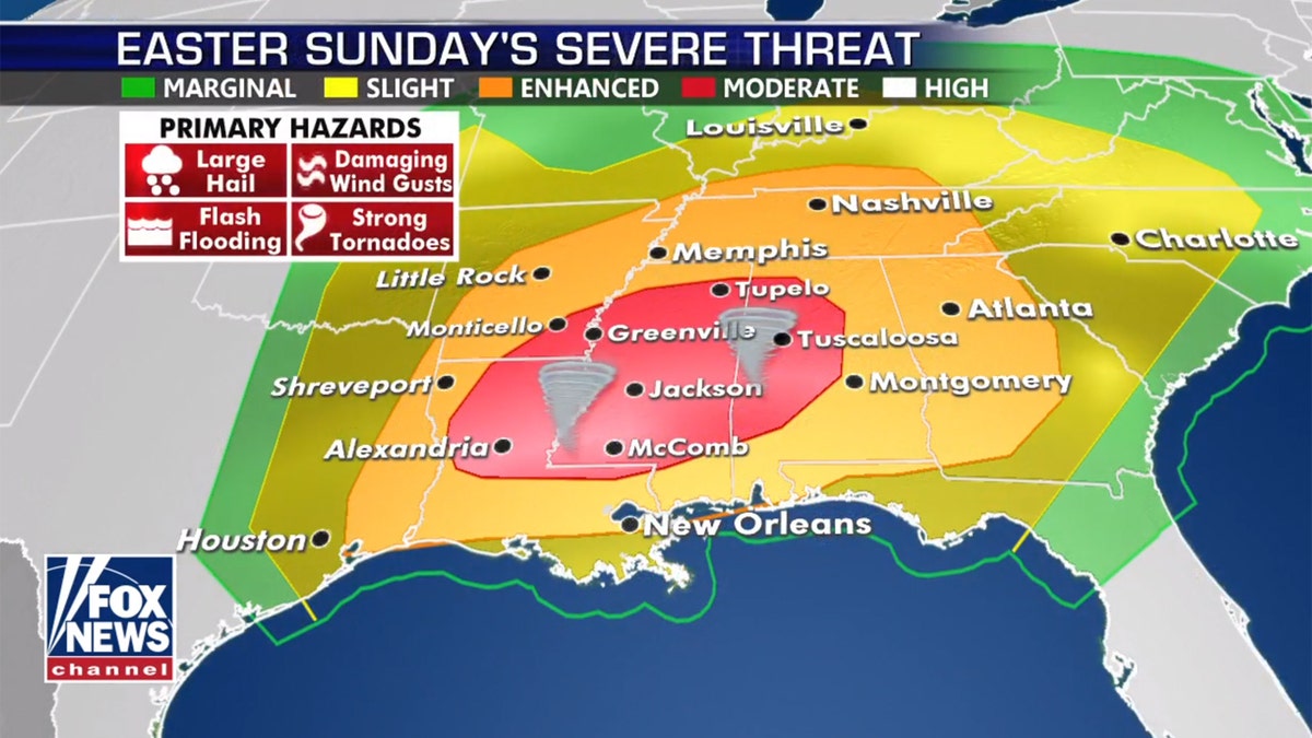 A severe weather outbreak is forecasted for Easter Sunday across the Southeast, with the greatest threats in Louisiana, Mississippi, and into Alabama.