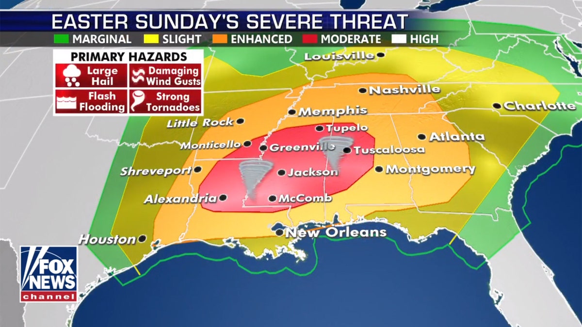 A severe weather outbreak is forecasted for Easter Sunday across the Southeast, with the greatest threats in Louisiana, Mississippi, and into Alabama.