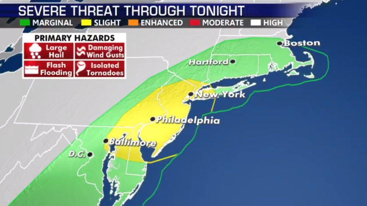 The threat of severe weather on Thursday stretches from Washington D.C. to New York City.
