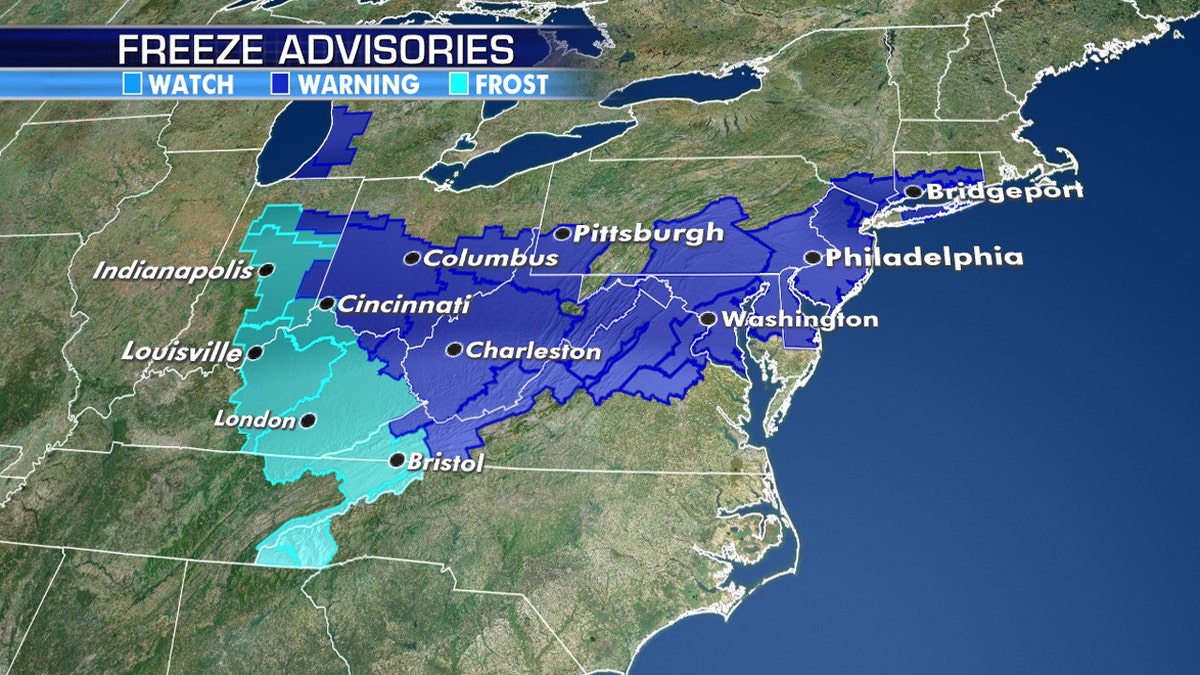Freeze warnings and frost advisories have been issued due to cold air associated with a cold front in the Midwest and Northeast.