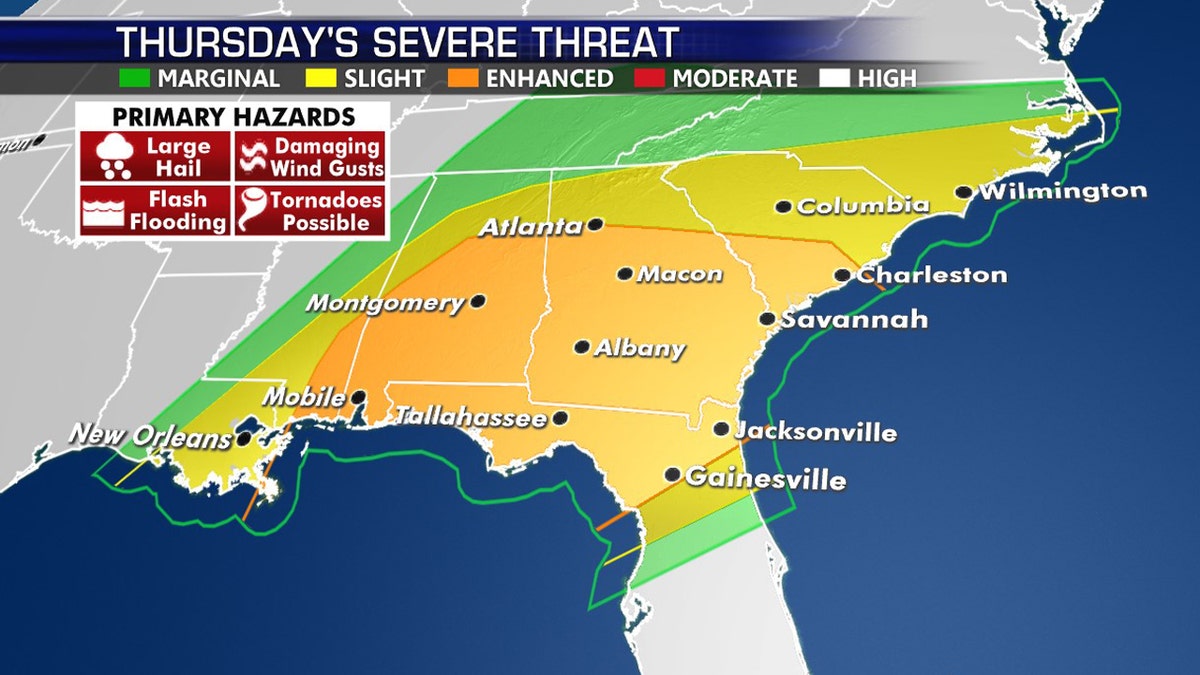 The threat for severe weather shifts east by Thursday.