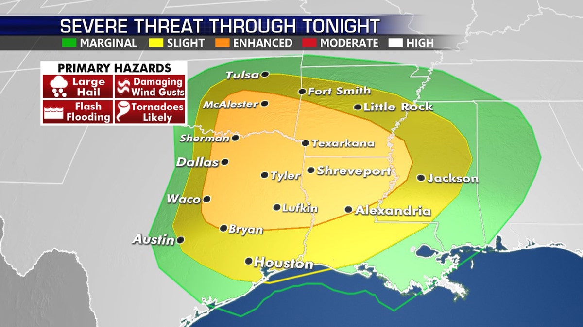 The greatest threat for severe weather and tornadoes on Wednesday across the Southern Plains and South.
