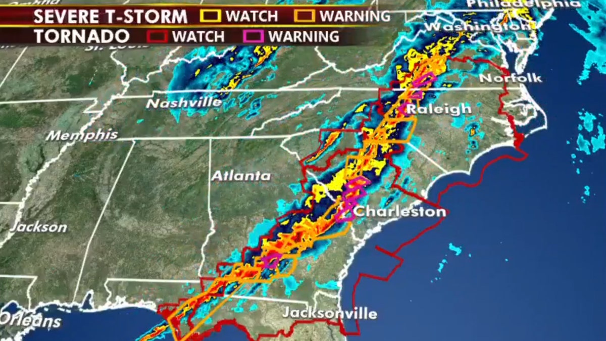 A line of severe thunderstorms continues marching towards the East Coast on Monday morning.