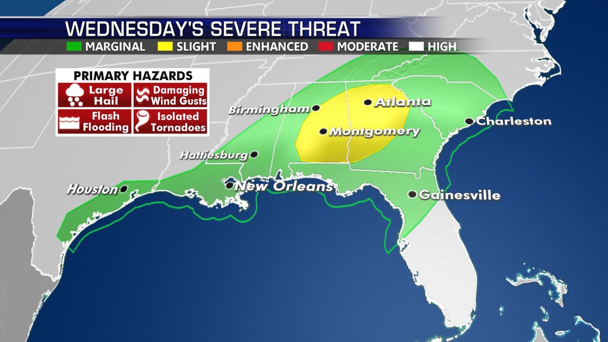 The severe weather threat shifts to the Southeast by Wednesday.