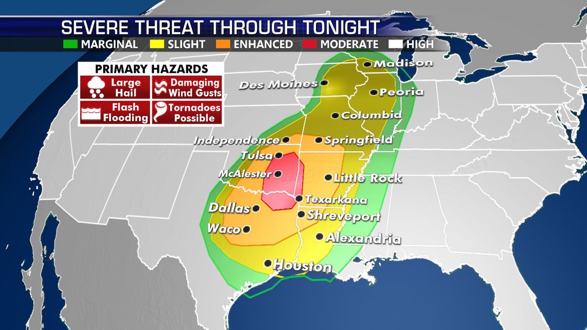 The threat for severe weather on Tuesday stretches from Texas to the Great Lakes.