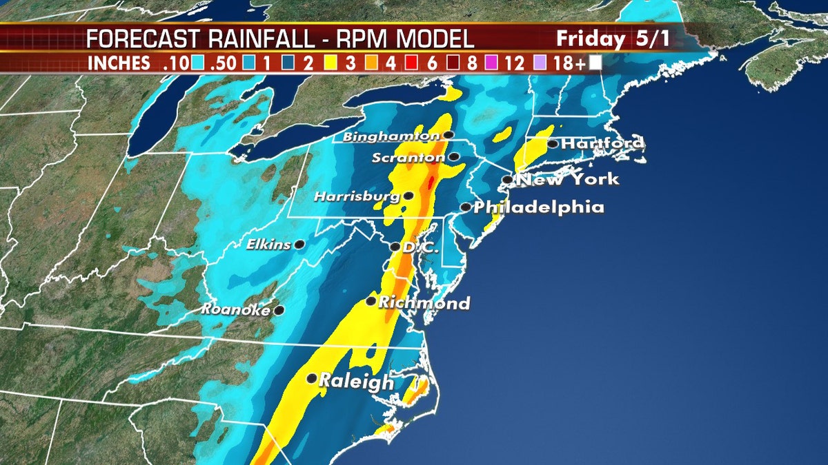 A storm system is forecast to bring heavy rain to the Mid-Atlantic and Northeast through Friday.
