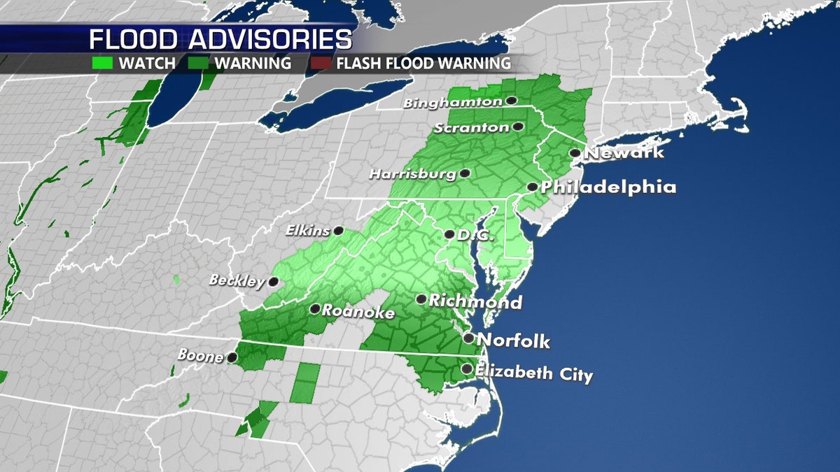 Flood watches have been posted in the Mid-Atlantic and Northeast as a storm system brings heavy rain to the region.