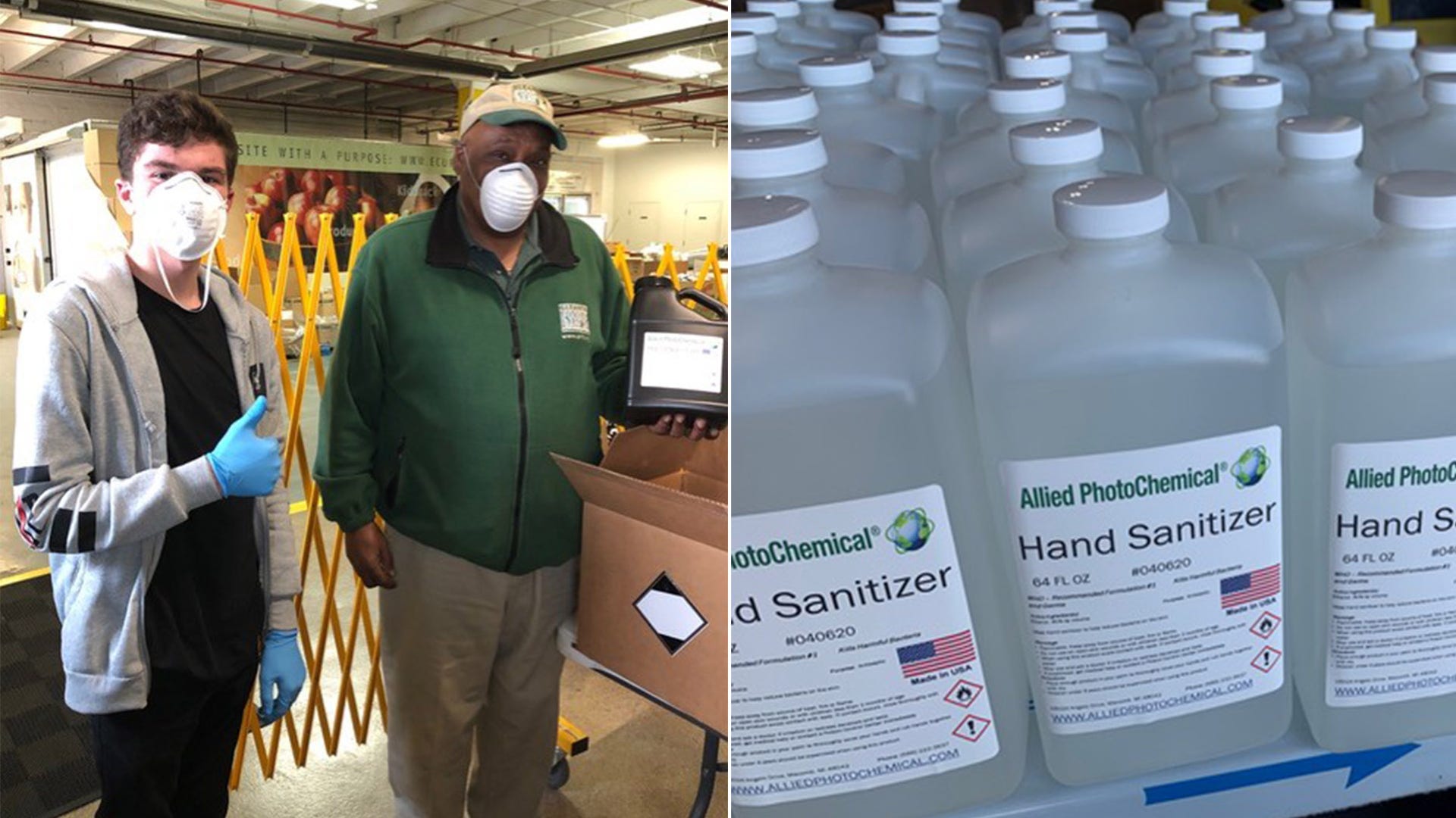 Local Detroit Company has scaled up production of Hand Sanitizer - Serving Local Charities and Local / Regional and National US Manufacturing Companies. UofD Jesuit 11th Grader Alex Kelly with Gleaners Food Bank Al Foster. All thumbs up with Hand Sanitizer donation. God Bless, Mike and the Allied Team