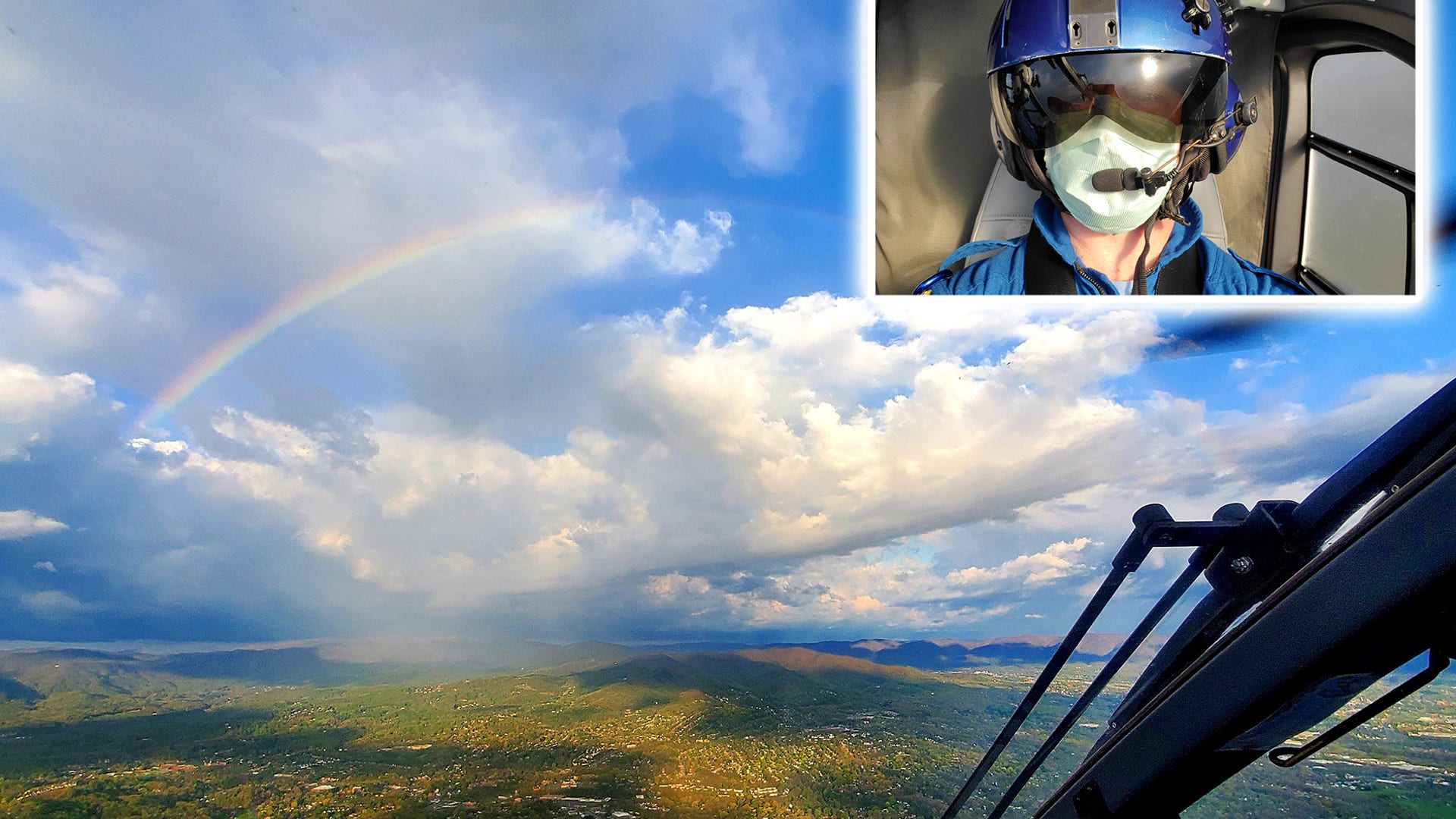 Hello my name is Jason Chrisley I am a flight paramedic in Virginia. I was able to take this stunning image from the cockpit of our aircraft two days ago. It's important to realize the beauty that is all around us at such an ugly time. This image was taken from Carillon Clinic Life-Guard 10 over Roanoke.