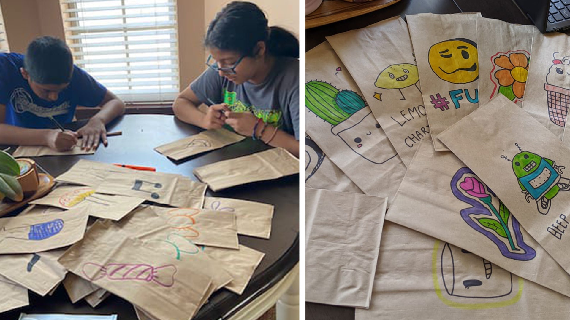 Attached pictures are of my daughter Navya P. and her friend Abhijit S. decorating bags for Lunches of Love(https://lunchesoflove.net/), for their at-home community service. Fort Bend ISD issued a Shelter in place order to keep our community in Houston Texas safe . Both the kids are 7th graders in Fort Bend ISD.