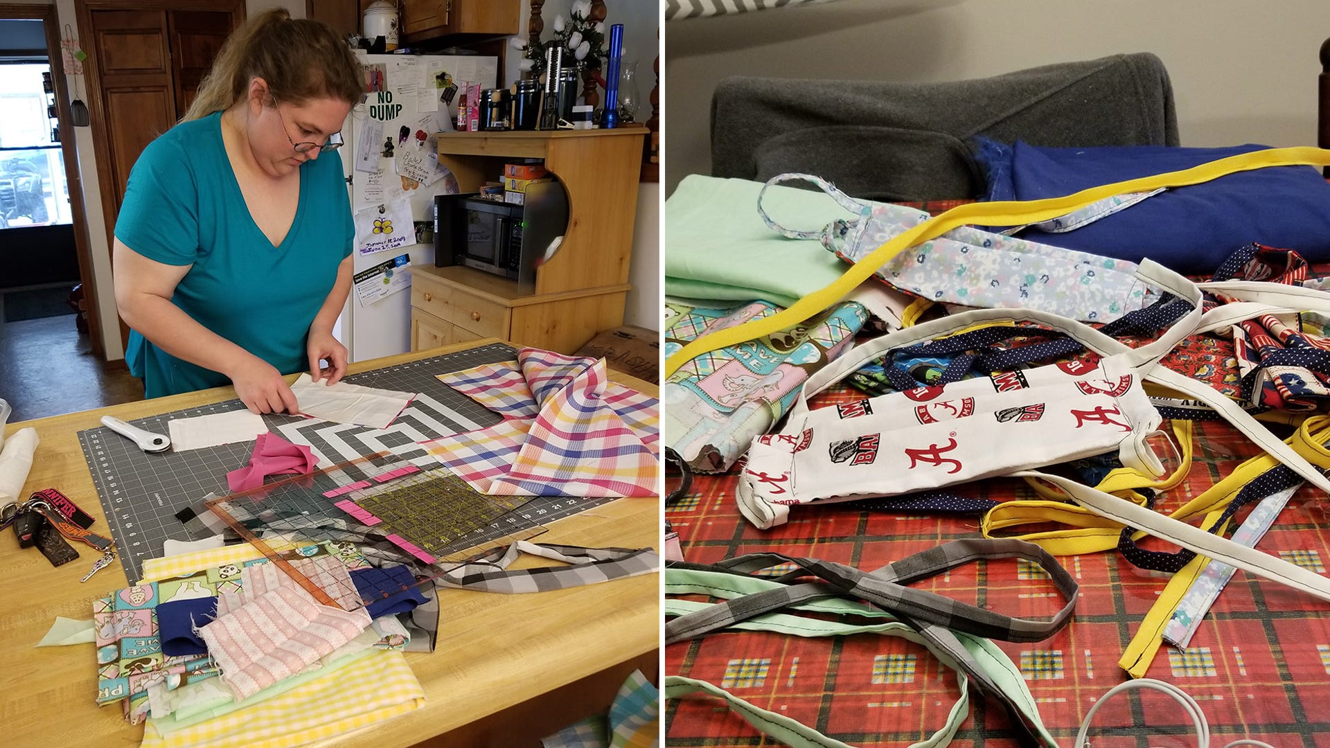 Quarantine time has the Denham and Hopkins families in Brewton, Alabama making masks to donate to medical personnel and senior citizens. This is a photo of Jennifer Hopkins Baker cutting our masks while other family members man the ironing board and sewing machines. God Bless America.