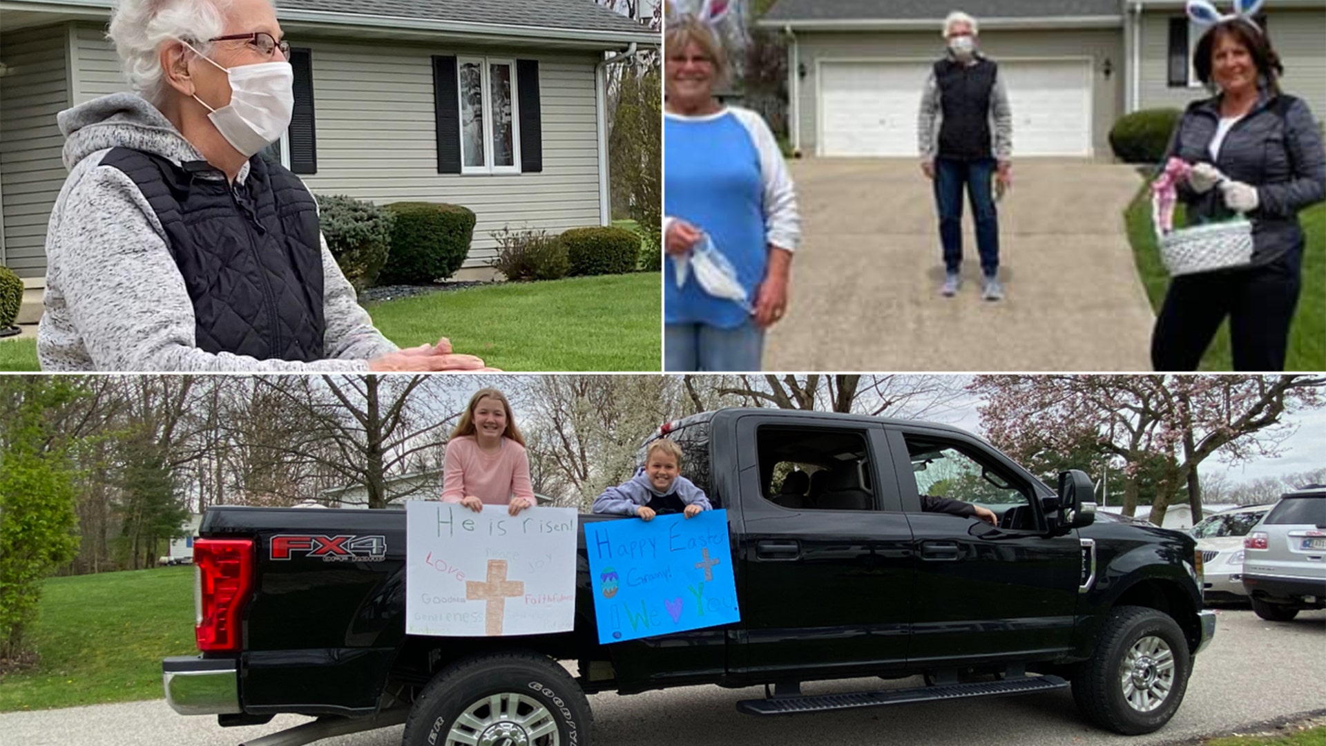 90 year old granny from Indiana thought she was going to be spending her first Easter all alone Until her family showed up in an Easter parade and surprised her after she had spent 30 days alone in her house. The video clip is so cute.......she had no idea