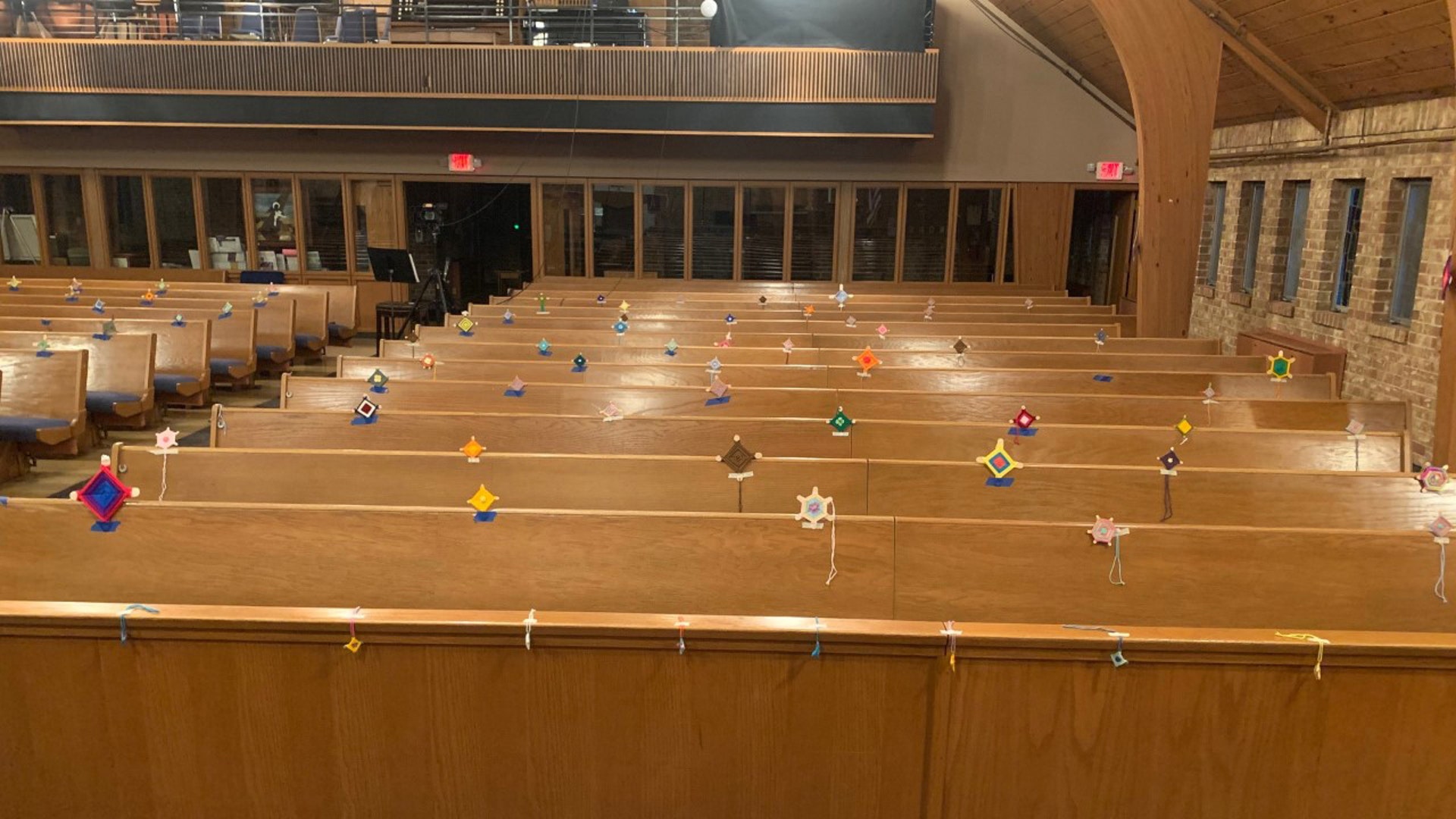 We asked our congregation to make a arts and craft project called a “Gods Eye” to symbolically represent them and their families while they have to stay at home during the shelter in place. We tape their God’s eye onto the pews and it helps us conduct online services with a skeleton crew. Pastor Chuck Johnson