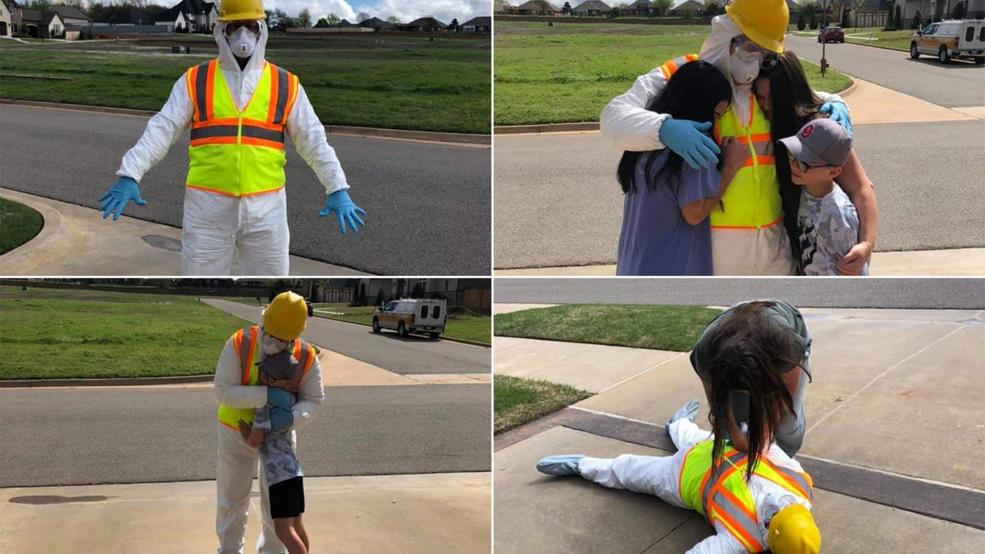 My husband and I have a strange sense of humor. We have 10 grandkids, with 3 being only 15 minutes away. He had told them he would stop by on his lunch hour, but social distancing.....! So he took a painter's coverall, used his safety vest, which is case there an emergency. Then, he had his mask; topped off with a hard hat. The kids (7, 14,and 17)loved it. They were socially distancing, until my hubby (Gdaddy) found a hole in his glove. 😁 I'm a nurse in a Trauma ICU, and we just finished creating our own COVID-19 unit. We have 5 ICUs in our facility. The cases are hitting, and we know that nothing can prepare us to fight an unseen virus! This is the link for the video. It is only 30 seconds long, as a car was coming down the street!