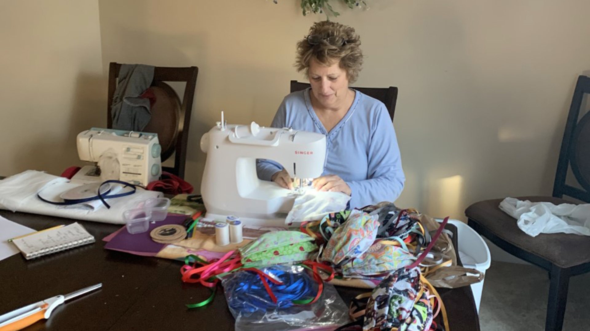 Picture of my wife a bit after 7am making masks for organizations around NH. She has made and delivered over 500 masks! Requests still coming in. We have a niece that has Covid-19. Please pray as she is the administrator of Hanover Hill Nursing Home that has its share. They have requested masks as well! Thanks Doug Manter.