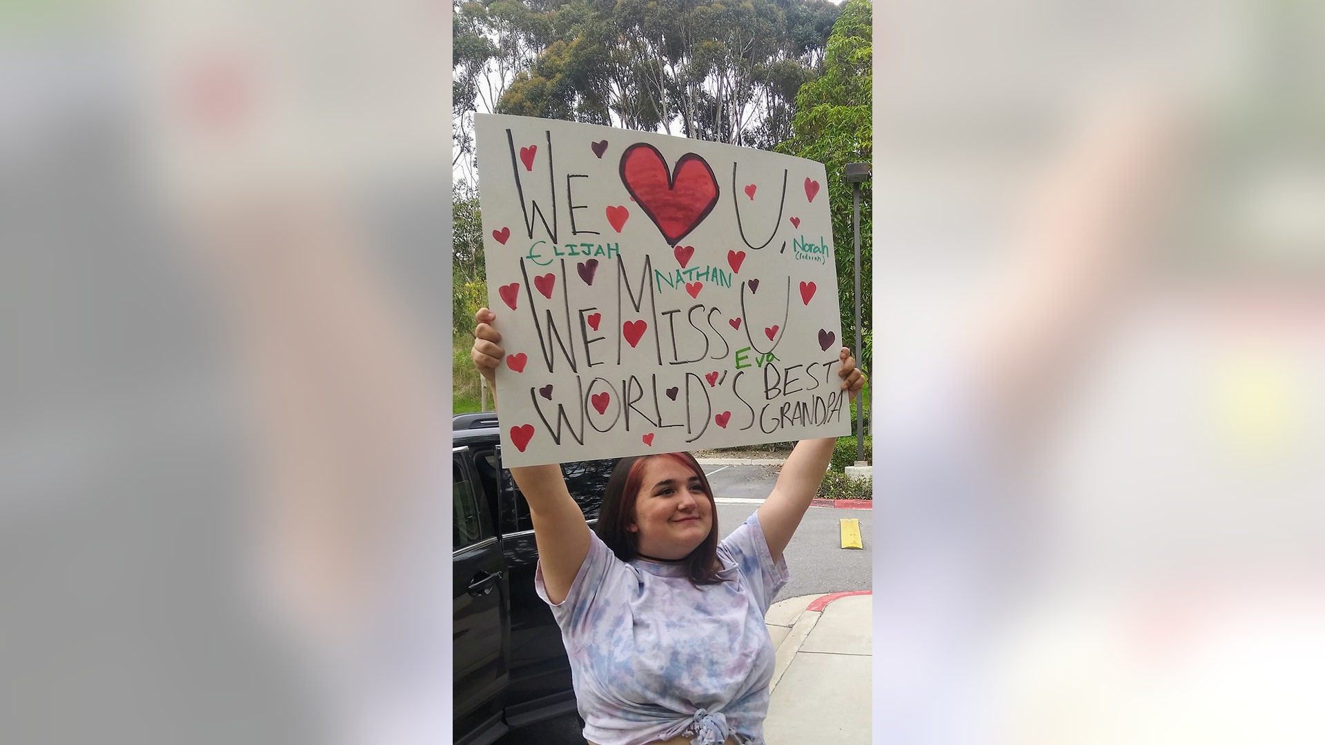 My father Dale is quarantined in an assisted living facility in Carlsbad CA. He is on the third floor so we cannot even come to his window. His granddaughter Norah Trunzo 14 (my daughter) would not be deterred in showing him support and love from his family! ❤ . Nathaniel Trunzo