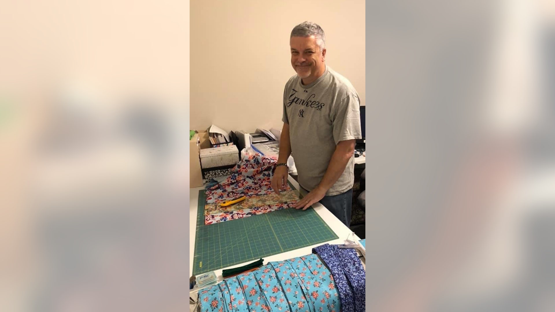 Pastor Mike Bowles of Frederica Baptist Church on St. Simons Island, GA cuts material for masks. Many members of his church are participating in making masks for the local hospital, Southeast Georgia Regional Medical Center in Brunswick, GA.