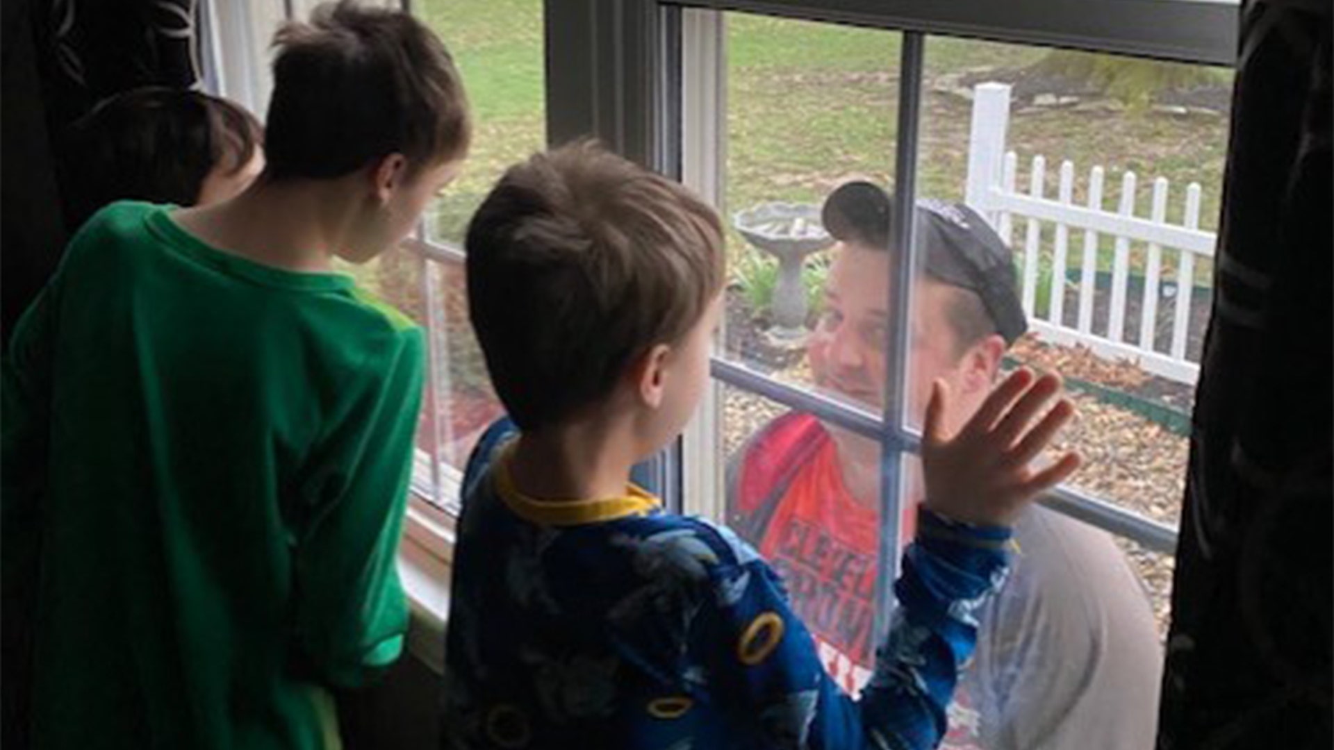 This is a picture of my husband. He is a firefighter and paramedic in Ohio. This is how we say “good morning” to him. He currently is not staying with us as our one son has asthma. Thank you to everyone on the frontline and God Bless 🇺🇸❤️ Tina Davis. (Husband Dustin Davis)