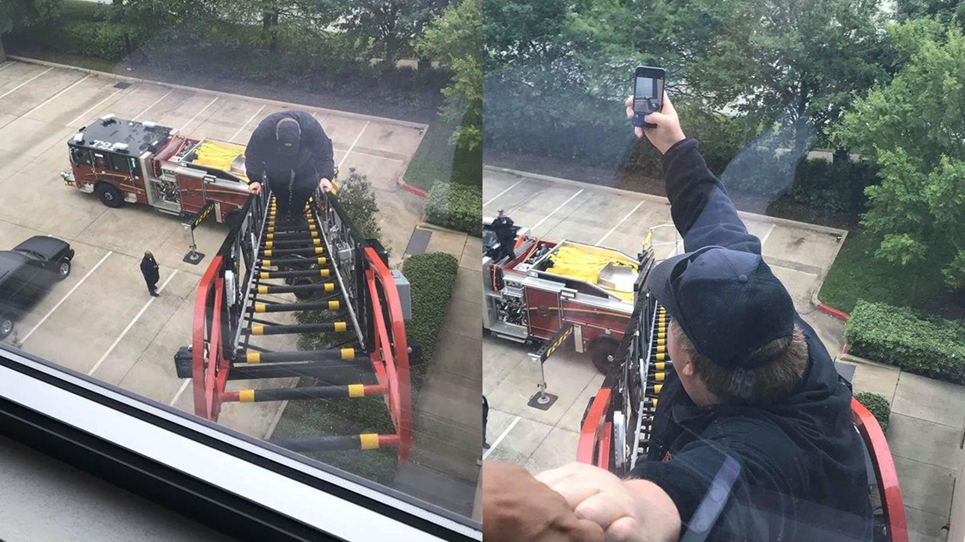 Good afternoon. A Fire Marshal for the City of Stafford who tested positive for CV-19 was placed in accommodations at a local hotel for his 14-day isolation period. During this time, as you can imagine, it can be quite lonely and nerve rattling at the same time. So, knowing this, the personnel of Stafford Fire Department Truck 21 decided to go raise his sprits. Since they couldn't make in person contact, they did the next best thing and set up their aerial to say hi and give a fist bump through the window. Needless to say this raised his spirits as well as the crew who continues to respond to calls for service in the community. Regards, Larry Di Camillo Fire Chief City of Stafford, Texas Fire Department